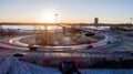Aerial view of Riga elevated road junction and interchange overpass at winter sunset time Royalty Free Stock Photo