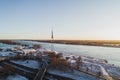 Aerial view of Riga elevated road junction and interchange overpass at winter sunset time Royalty Free Stock Photo