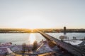 Aerial view of Riga elevated road junction and interchange overpass at winter sunset time Royalty Free Stock Photo
