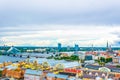 Aerial view of Riga including the Latvian national library and the zeppelin hangars from top of the academy of sciences Royalty Free Stock Photo