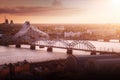 Aerial view of Riga National Library of Latvia and Railway Bridge at sunset - Riga, Latvia