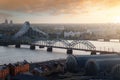 Aerial view of Riga National Library of Latvia and Railway Bridge at sunset - Riga, Latvia