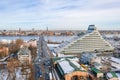 Aerial view of Riga National Library from the Pardaugava coast.