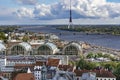 Aerial view of Riga Old Town and Riga Central market, TV tower near Daugava river Royalty Free Stock Photo