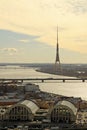 Aerial view of Riga, river Daugava and Riga Radio and TV Tower at sunset from St. Peter's Church, Riga, Latvia Royalty Free Stock Photo