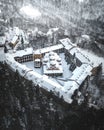 Aerial view of Rila Monastery in the winter wonderland