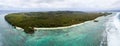 Aerial view of Rimatara island, sandy beaches, azure turquoise blue waters. Tubuai Islands (Australs), French Polynesia.