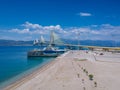 Aerial view of Rio Antirrio or Charilaos Trikoupis Bridge near Patra City, Greece Royalty Free Stock Photo