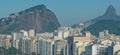 Aerial view of Rio de Janeiro, Copacabana skyscrapers overlooking the hills with favelas.