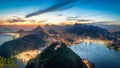 Aerial view of Rio de Janeiro at sunset with Urca and Corcovado mountain and Guanabara Bay - Rio de Janeiro, Brazil Royalty Free Stock Photo