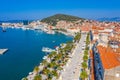 Aerial view of Riva promenade in Split with Marjan hill, Croatia