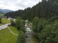 Aerial view of a river alongside a forest in Gerlos, Tirol, Austra Royalty Free Stock Photo