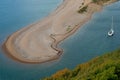 Aerial view of the River Axe Estuary near the town of Seaton, East Devon, UK