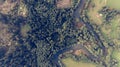 Aerial view of river bend through forest. Royalty Free Stock Photo
