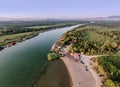 Aerial view of the river Bojana and the Ada Bojana island, Monte