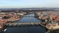 Aerial view of River and buildings in Old Town of Prague, Czech Republic. Drone photo high angle view of City