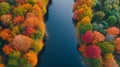 Aerial View of a River Cutting Through a Forest of Autumn Colors Royalty Free Stock Photo