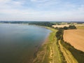 Aerial view of the River Deben and the surrounding countryside fields. A stereotypical view of the suffolk countryside