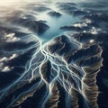 An aerial view of a river delta forming intricate patterns