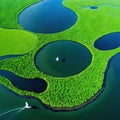 aerial view of a river delta with lush green vegetation and winding waterways