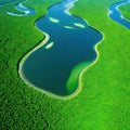 aerial view of a river delta with lush green vegetation and winding waterways