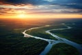 Aerial view of river and forest at sunset. Beautiful summer landscape, AI Generated Royalty Free Stock Photo