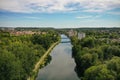 Aerial view on the river the loing and the Charles Hochart bridge on the city of Nemours Royalty Free Stock Photo