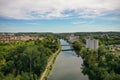 Aerial view on the river the loing and the Charles Hochart bridge on the city of Nemours Royalty Free Stock Photo