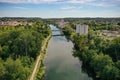 Aerial view on the river the loing and the Charles Hochart bridge on the city of Nemours Royalty Free Stock Photo