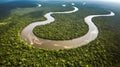 Aerial view of a river in the middle of the forest.