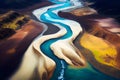 Aerial view of the river and mountains. Colourful landscape of Iceland. AI Generative