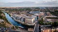 Aerial view of the River Nene and Peterborough United FC football stadium