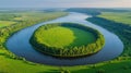 Aerial view River oxbow, green fields, sunrise, nature Royalty Free Stock Photo
