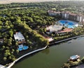 Aerial view on river and resort hotel with villa and pool in Belek on Mediterranean sea Royalty Free Stock Photo