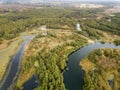 Aerial view of river Snov in autumn near village of Sednev, Ukraine