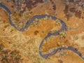 Aerial view of river stream.The river zigzags through the countryside.Meander of Vltava river,Czech republic.Colorful aerial