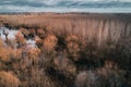 Aerial view of river Tisza Tisa oxbow from drone pov