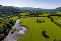Aerial view of the River Usk and rural farmland near Abergavenny, Wales Royalty Free Stock Photo