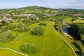 Aerial view of the River Usk and rural Welsh town of Abergavenny Royalty Free Stock Photo