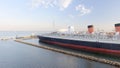 Aerial view of RMS Queen Mary ocean liner, Long Beach, CA