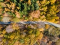 Aerial view of road in autumn forest. Fall landscape with road, red, yellow and green trees. Cars passing on road. Royalty Free Stock Photo