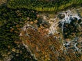 Aerial view of road in autumn forest. Fall landscape with rural road, red, yellow trees with frost. Royalty Free Stock Photo