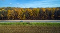 Aerial view of road in autumn forest at sunset. Amazing landscape with rural road, trees with red and orange leaves in a Royalty Free Stock Photo