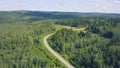 Aerial view of a road in autumn surrounded by pine tree forest. Clip. Top view of the road in the forest Royalty Free Stock Photo