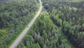 Aerial view of a road in autumn surrounded by pine tree forest. Clip. Top view of the road in the forest Royalty Free Stock Photo
