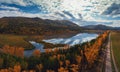 Aerial view of road in beautiful autumn Altai forest Royalty Free Stock Photo