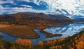 Aerial view of road in beautiful autumn Altai forest Royalty Free Stock Photo