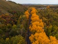 Aerial view of road in beautiful autumn Altai forest Royalty Free Stock Photo