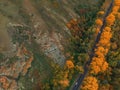 Aerial view of road in beautiful autumn Altai forest Royalty Free Stock Photo