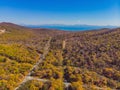 Aerial view of road in beautiful autumn forest at sunset. Beautiful landscape with empty rural road, trees with red and Royalty Free Stock Photo